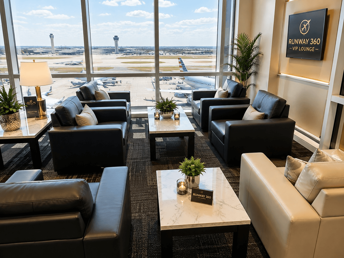 High-end modern lounge seating with panoramic runway views
